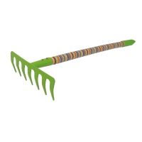 TOPTRADE children garden tool - rake 7 teeth, green metal head, rainbow long handle, 63cm (4)