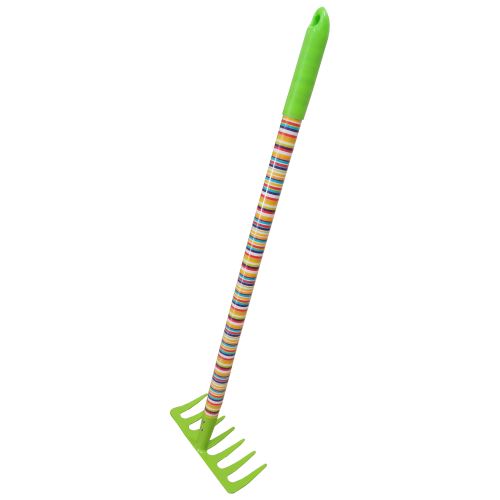 TOPTRADE children garden tool - rake 7 teeth, green metal head, rainbow long handle, 63cm