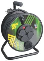 extension cord,rubber,black,on the unwinding drum,4 sockets,thermal fuse,50 m, ~ 230 V/16A