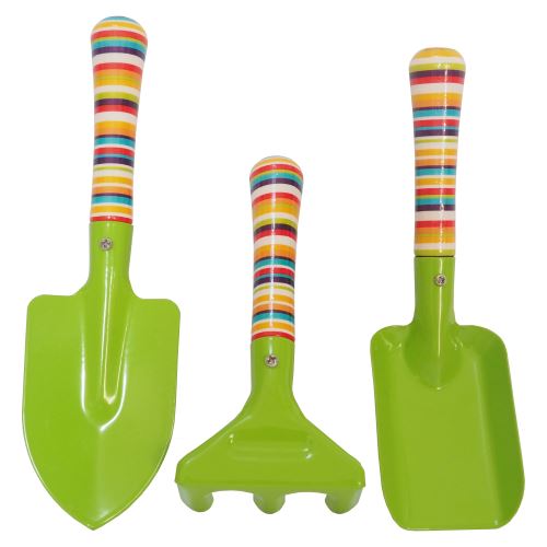 TOPTRADE children garden tool 3pcs/set, shovel, spade, rake, green metal head, 3 pcs