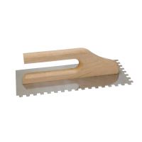 stainless steel trowel RACEK, 10mm teeth, wooden handle, 280 x 130 mm