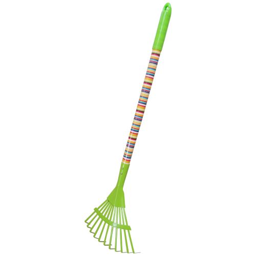 TOPTRADE children garden tool - rake 11 teeth, green metal head, rainbow long handle,74cm